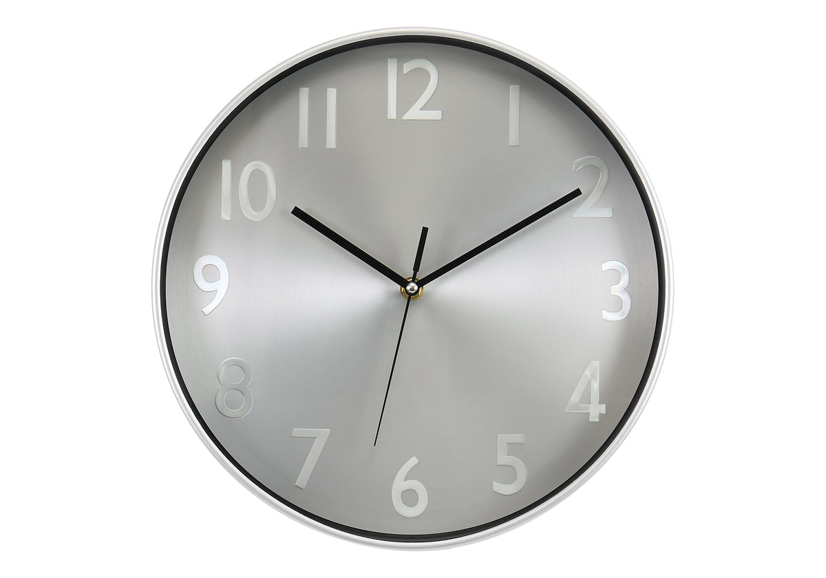 Danina - Clocks 12" Round Wall Clock Silver Face Silver Frame Contemporary