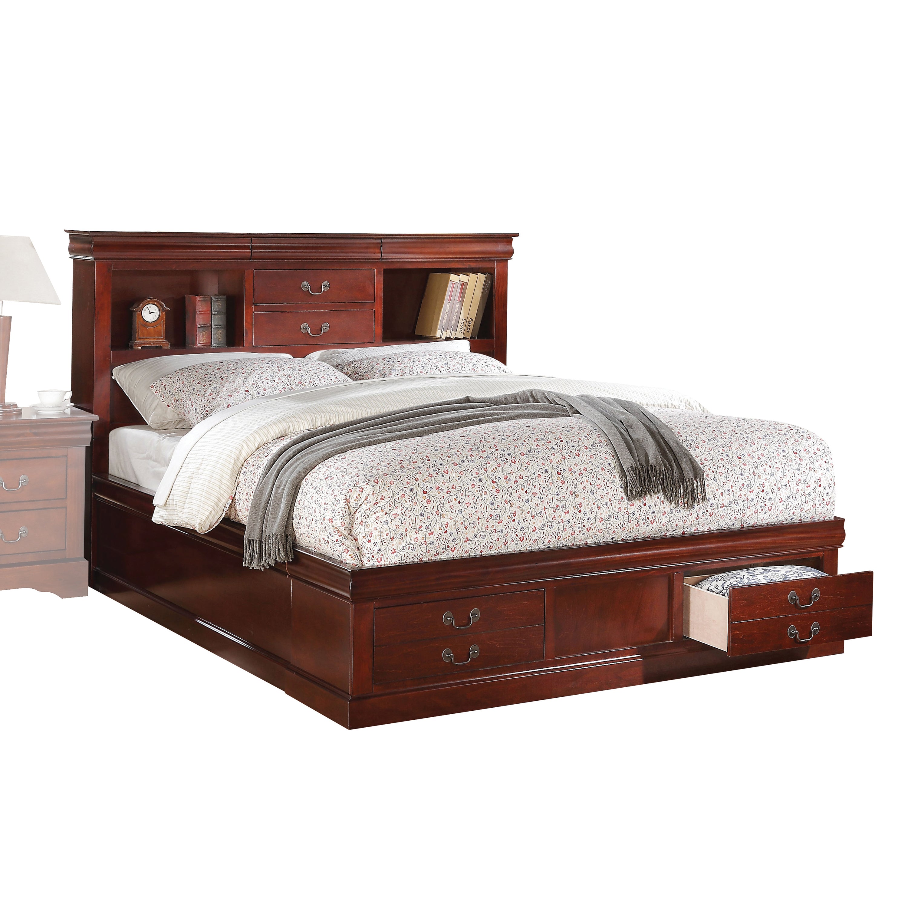 Tiern Louis Philippe III Queen Bed in Cherry – Traditional Sleigh Design with Footboard Storage