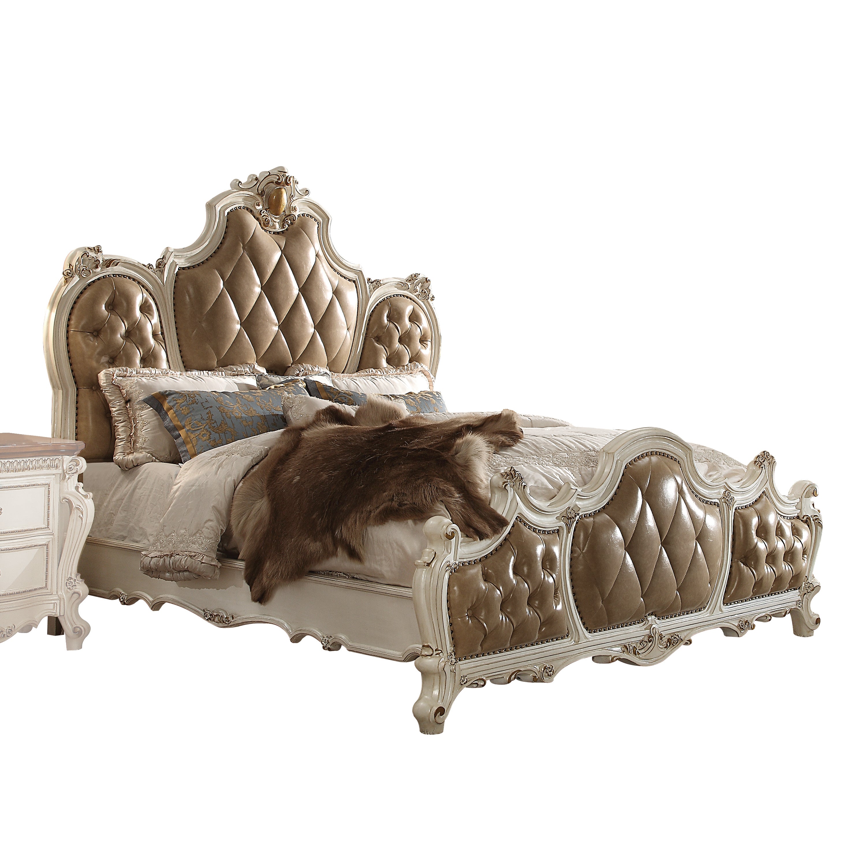Awaken Picardy King Bed Butterscotch Faux Leather – Antique Pearl Finish & Tufted Headboard