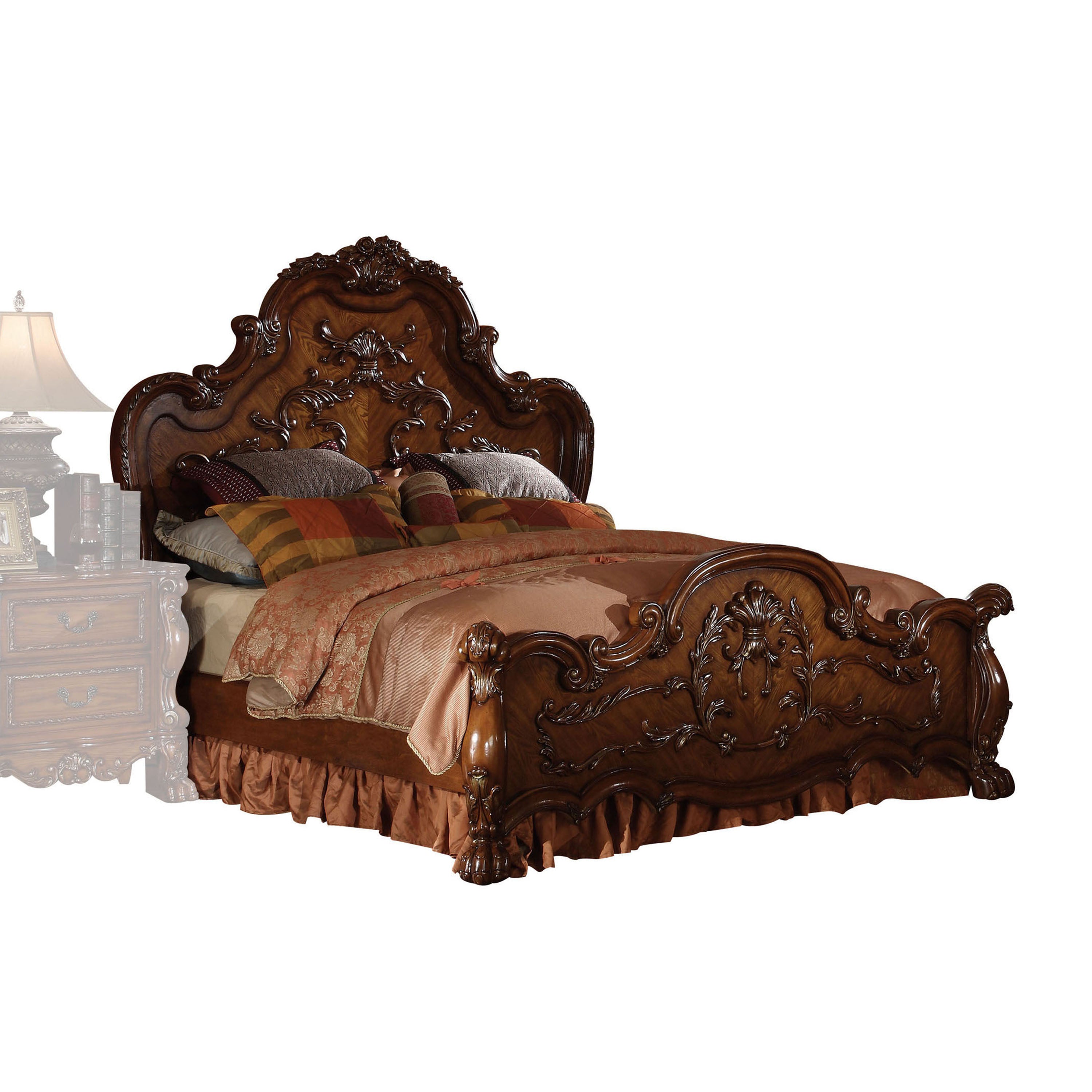 Skyler Dresden Collection CK Gold Baroque Wooden Bed – Ornate Carvings & PU Leather Upholstery