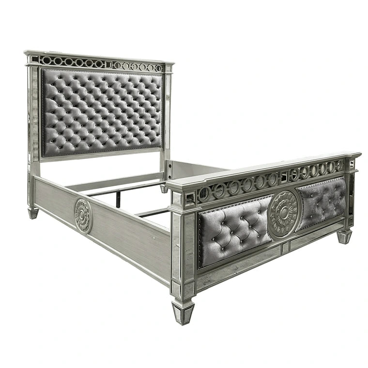 Barman Varian Collection Queen Bed Gray Fabric – Contemporary Mirrored Accents