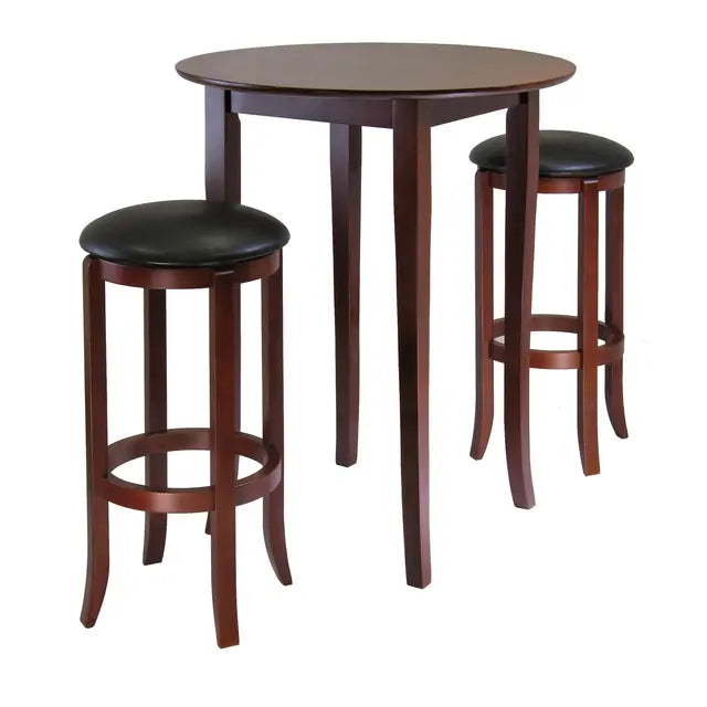 Fiona 3-Pc High Table with Cushion Swivel Seat Bar Stools, Walnut and Black
