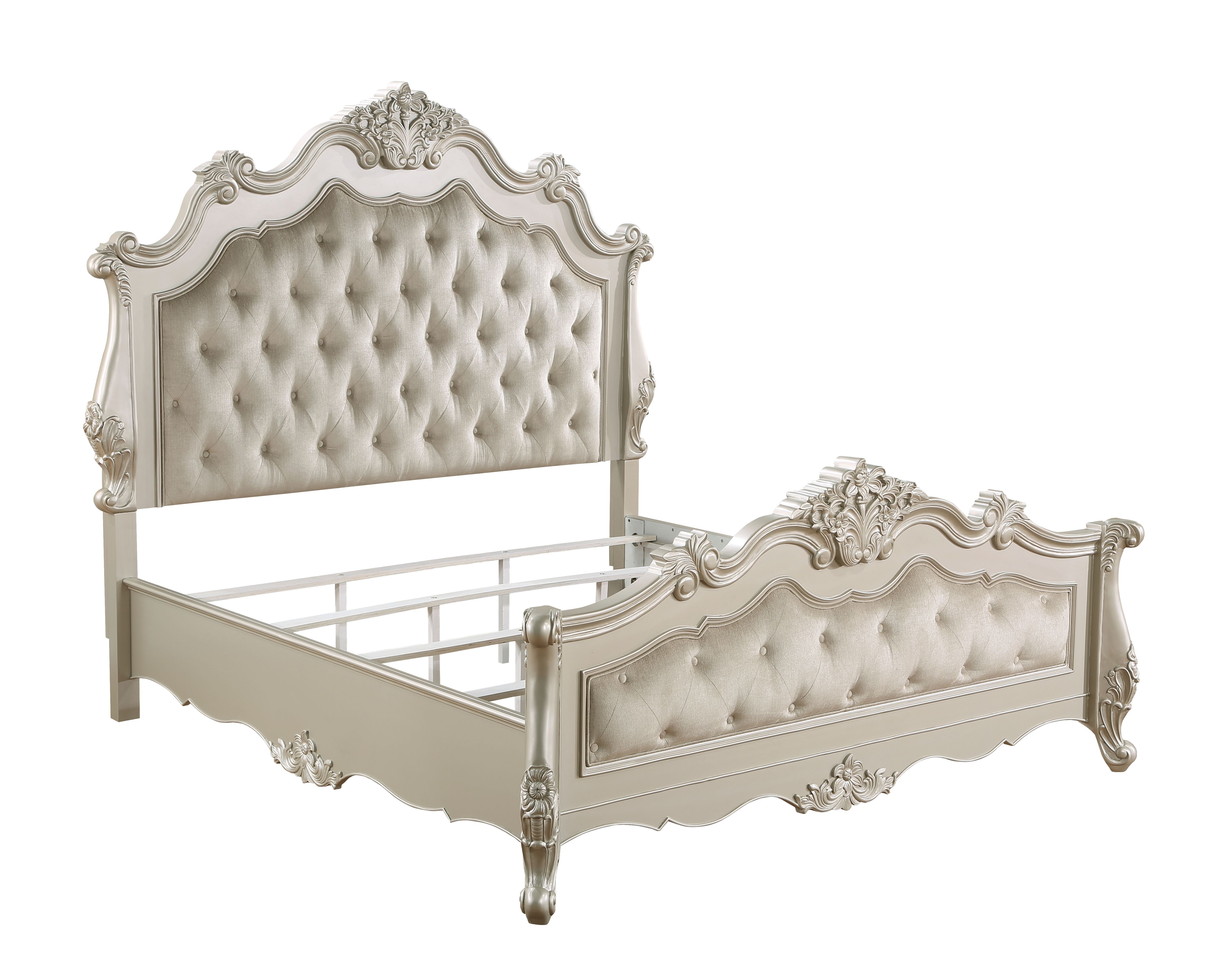 Shaye Bently Eastern King Champagne Wood Traditional Bed – Button Tufted Luxury Frame