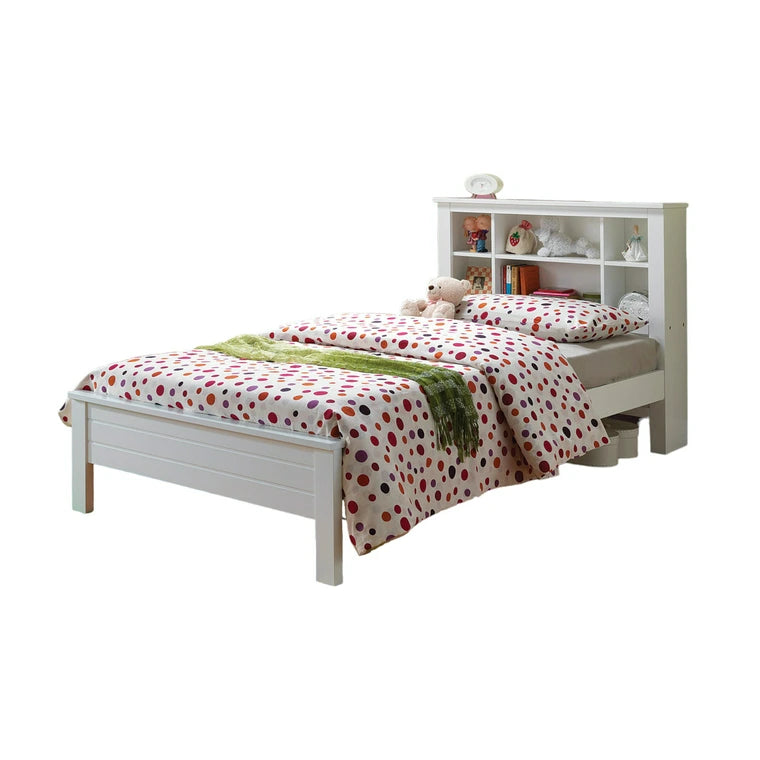 Sadan Yara Twin White Wood Storage Bed – Modern Bookcase Headboard No Box Spring Required Highlights the no box spring feature which is a selling point