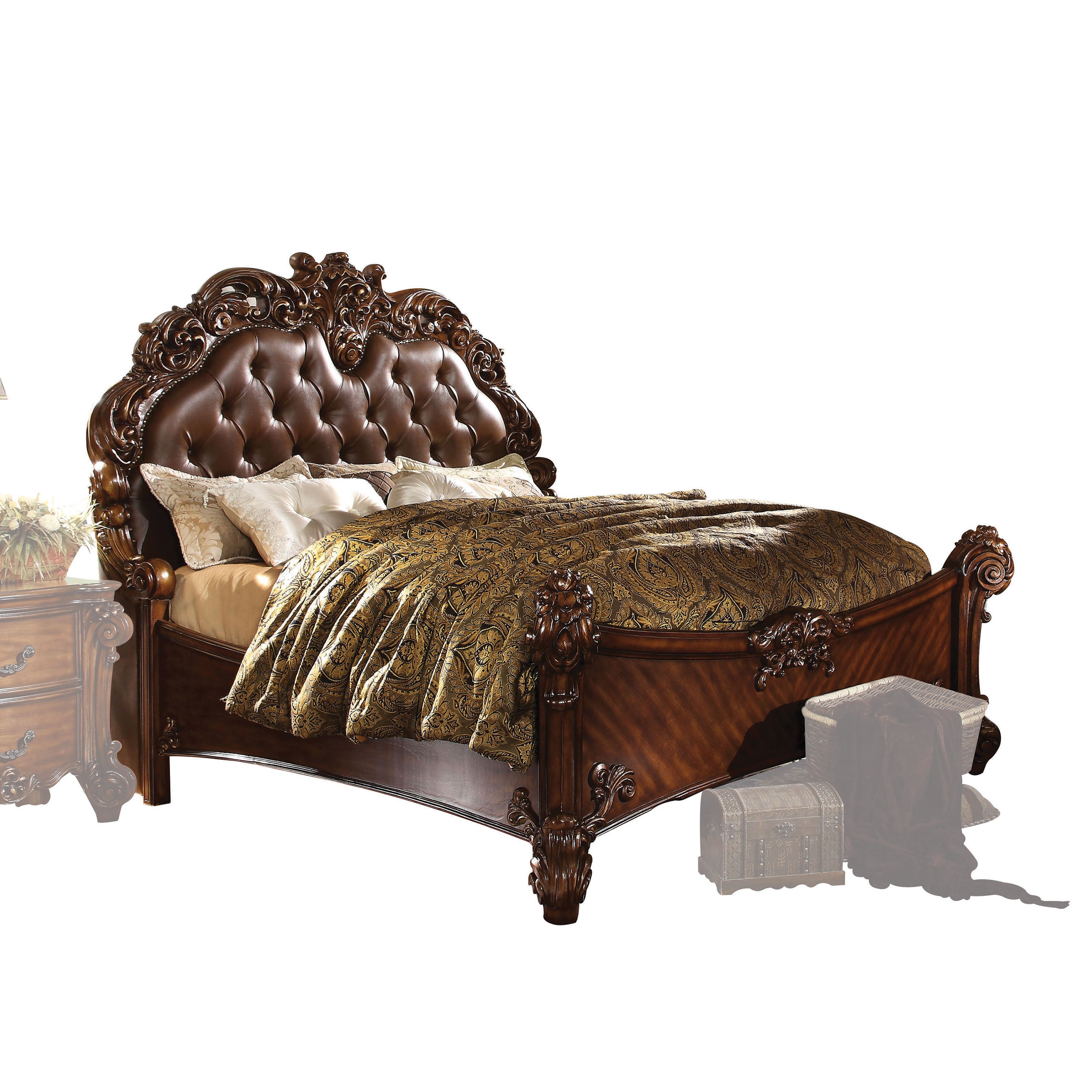 Liliya Vendome Queen Bed Cherry Synthetic Leather – Elegant Traditional Design
