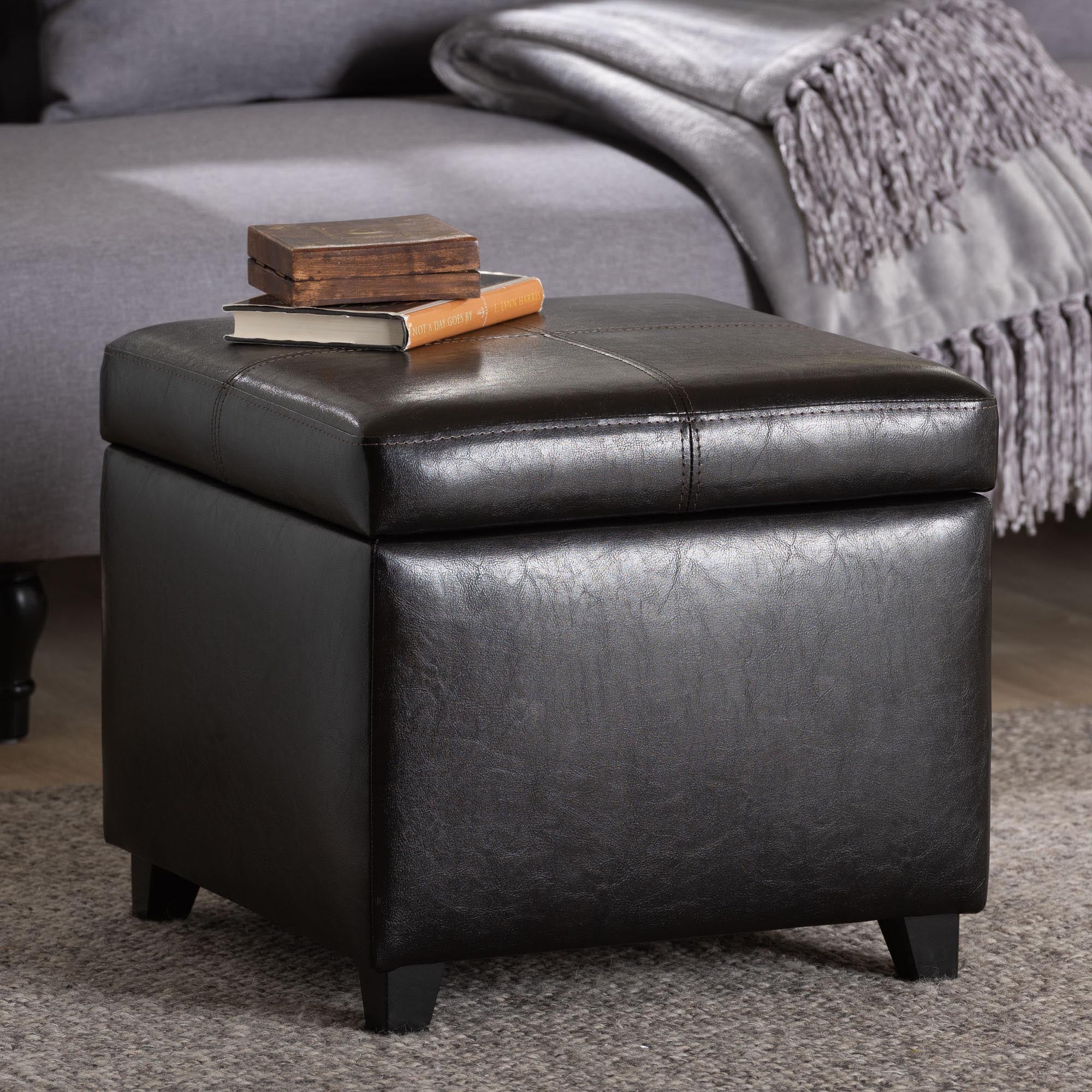 Dark Brown Upholstered Leather Cube Storage Ottoman