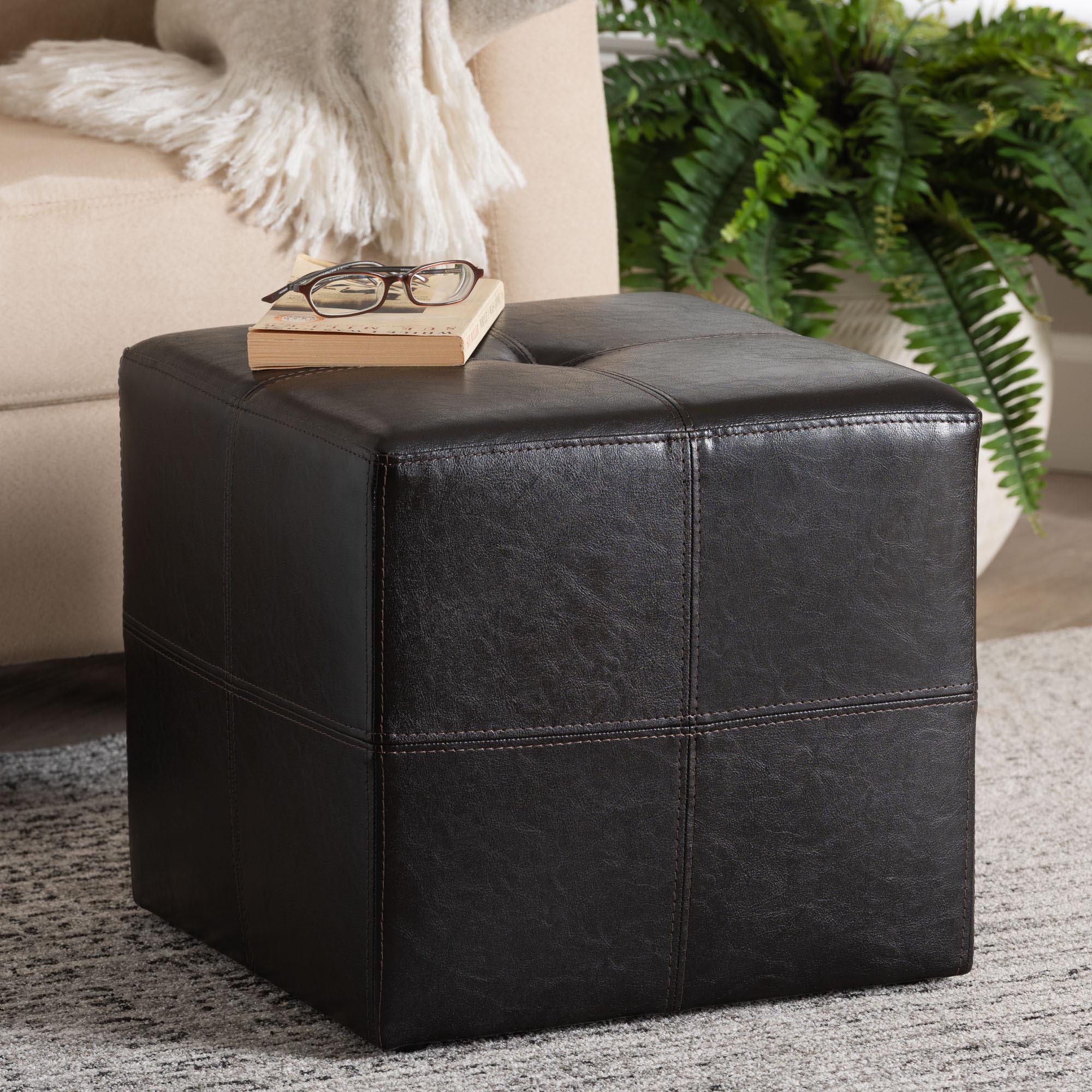 Dark Brown Upholstered Cube Ottoman