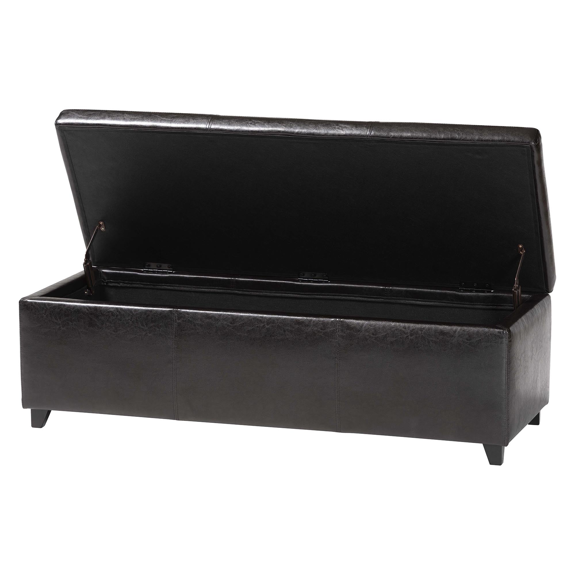 Dark Brown Faux Leather Storage Bench Ottoman with Stitching