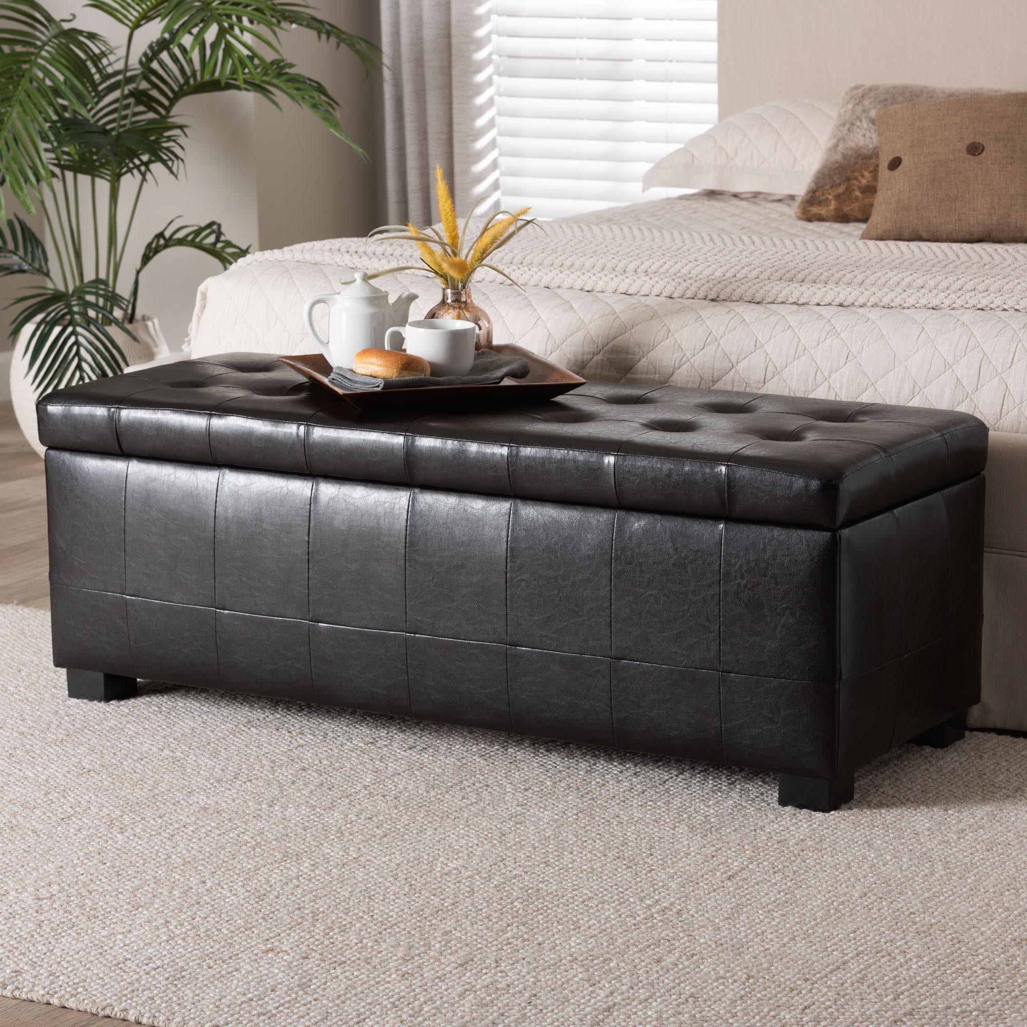 Dark Brown Faux Storage Bench & Button Tufted Ottoman