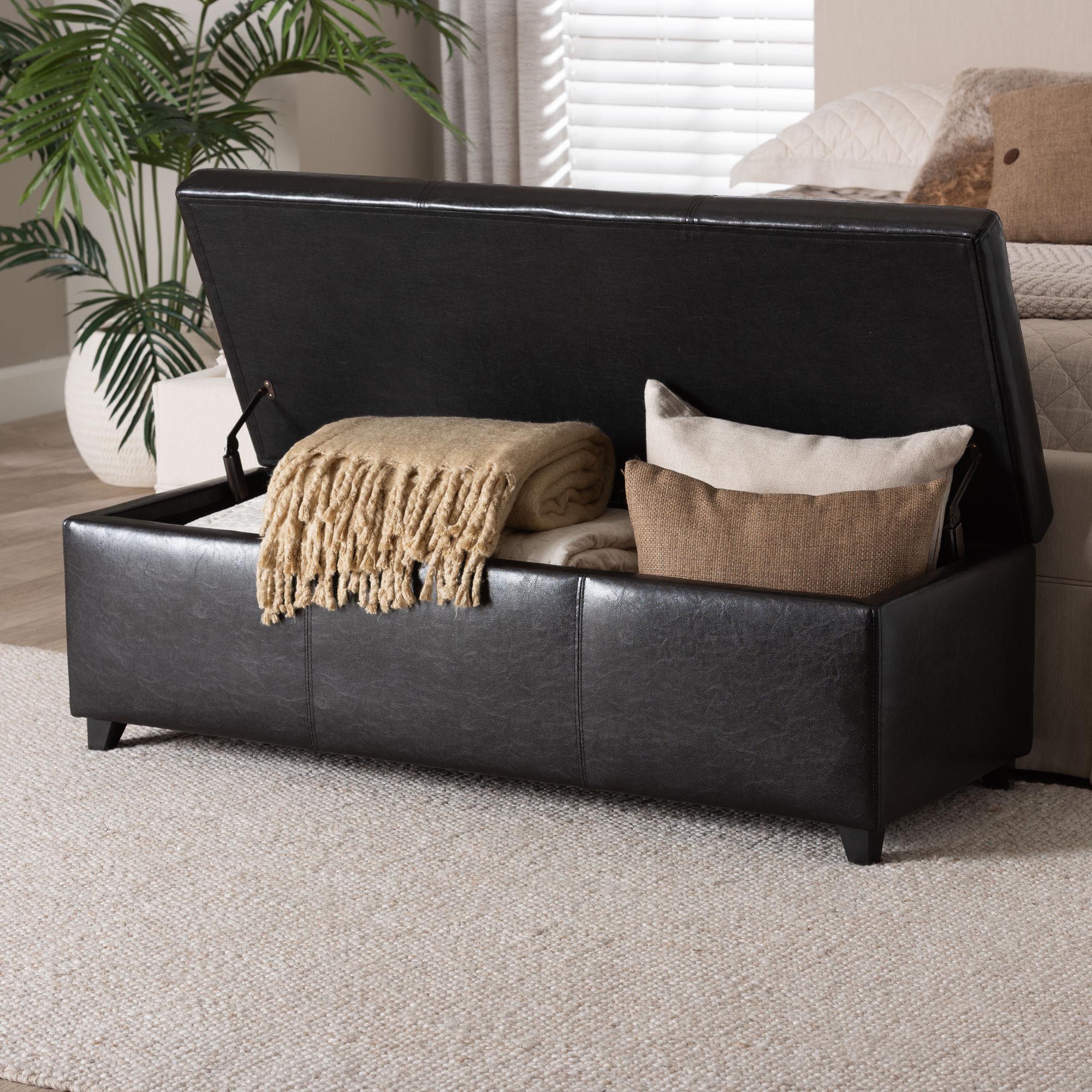 Dark Brown Faux Leather Storage Bench Ottoman with Stitching