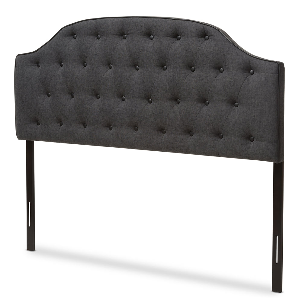 Windsor Modern and Contemporary Dark Grey Fabric Upholstered Scalloped Buttoned Queen Size Headboard
