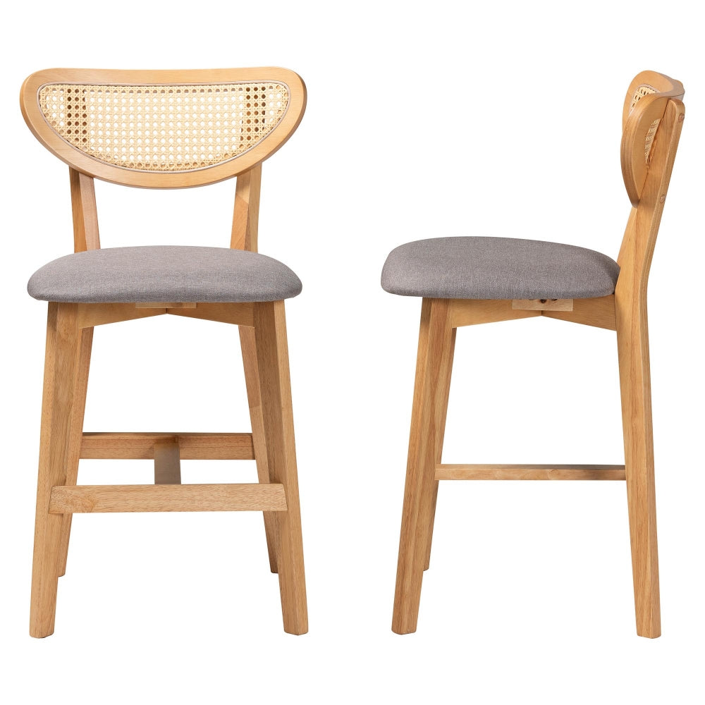 Dannell Mid-Century Modern Grey Fabric and Natural Oak Finished Wood 2-Piece Counter Stool Set