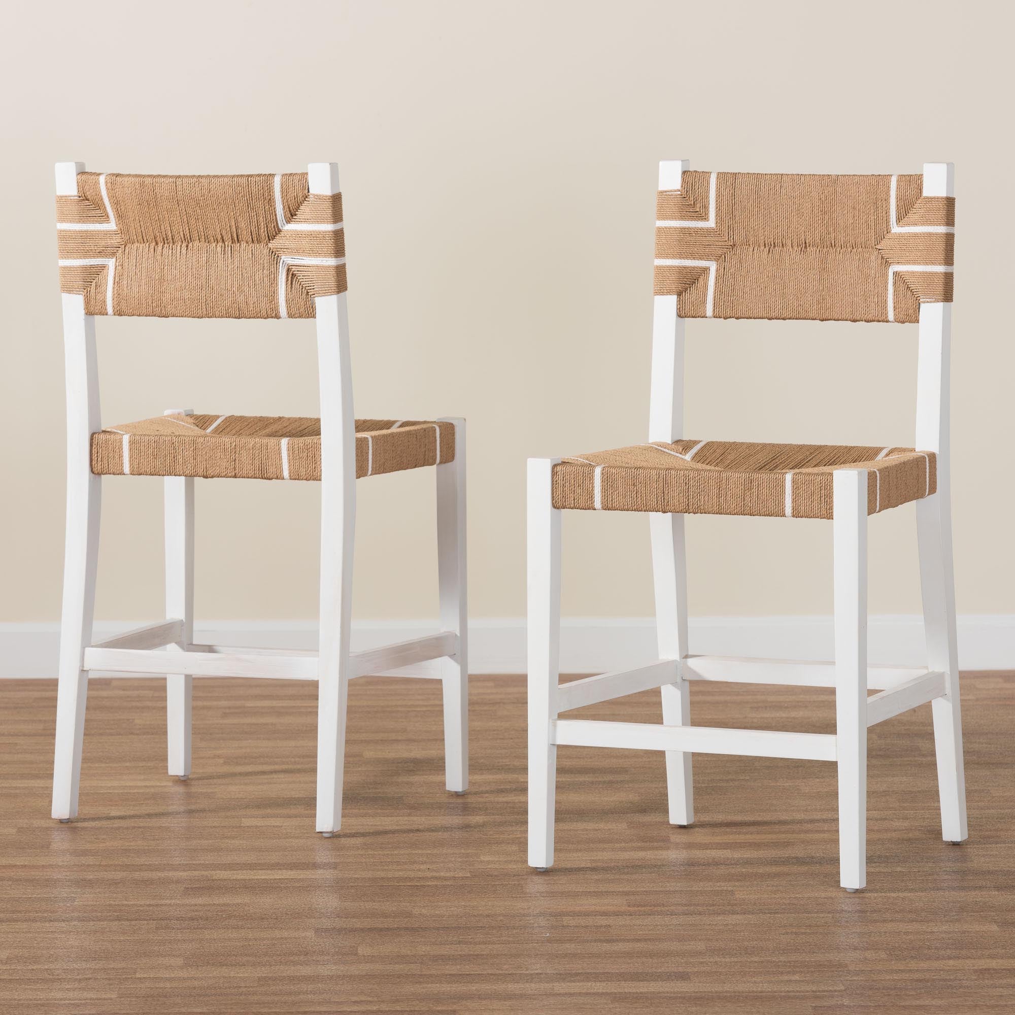bali & pari Talli Bohemian Paper Loom and White Mahogany Wood 2-Piece Counter Stool Set