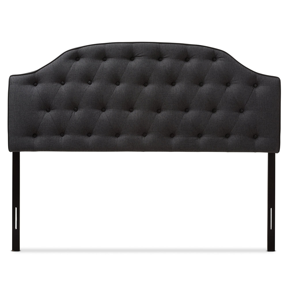Windsor Modern and Contemporary Dark Grey Fabric Upholstered Scalloped Buttoned Queen Size Headboard
