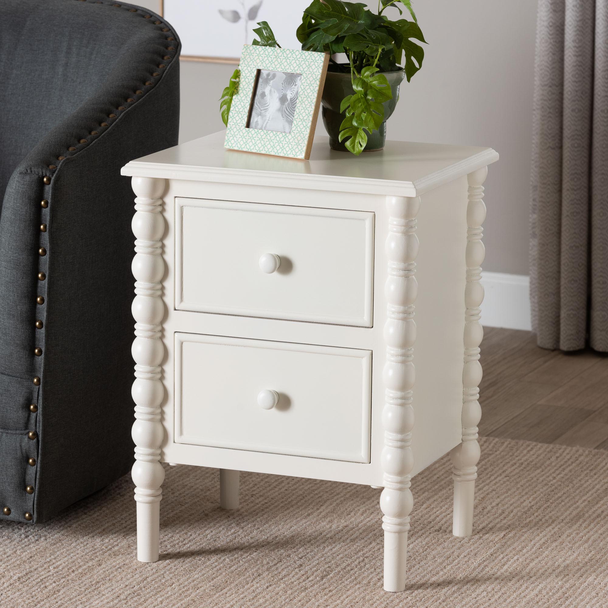 Malinda Classic White Wood 2-Drawer End Table with Spindle Legs