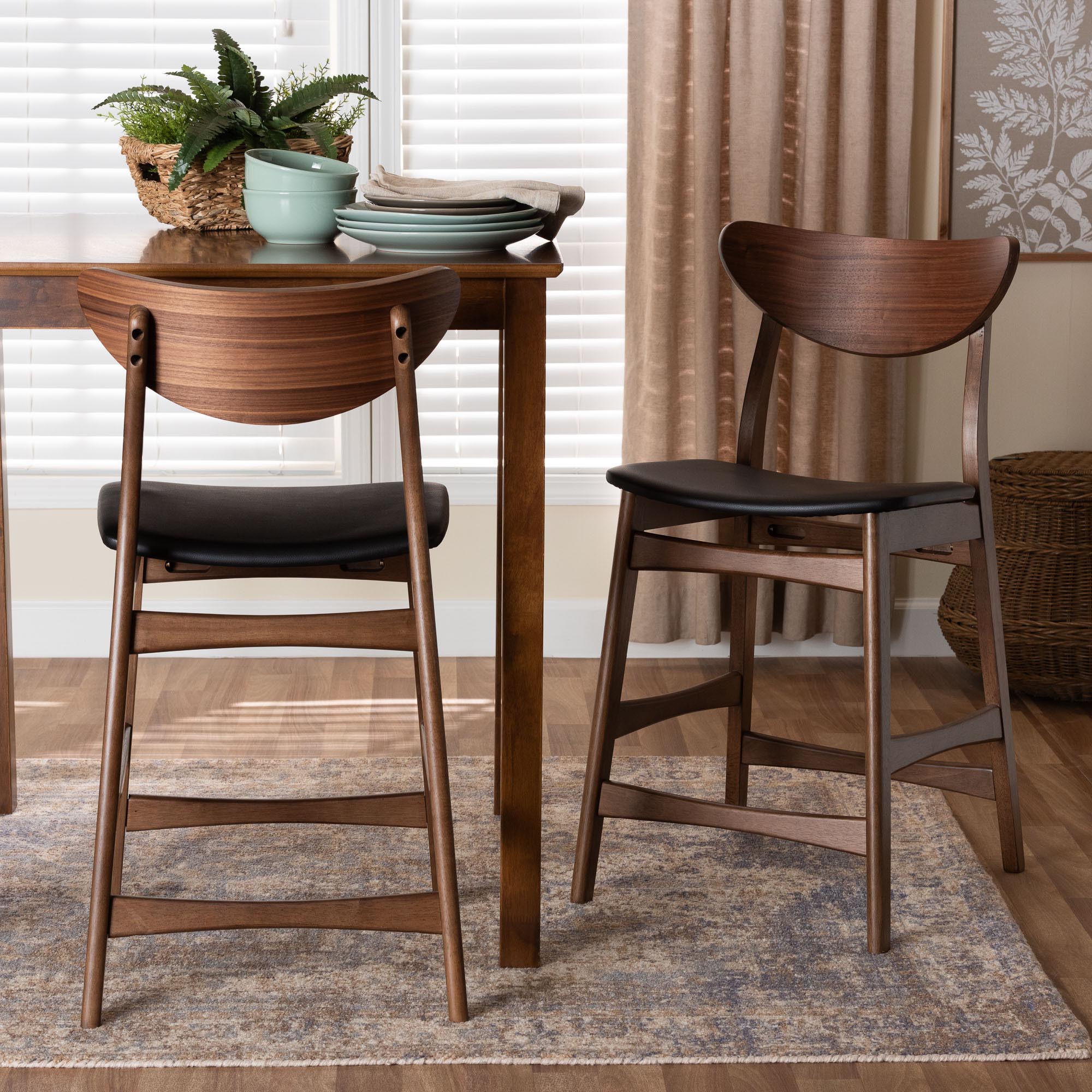 Latina Mid-century Retro Modern Scandinavian Style Black Faux Leather Upholstered Walnut Wood Finishing 24-Inches Counter Stool (Set of 2)