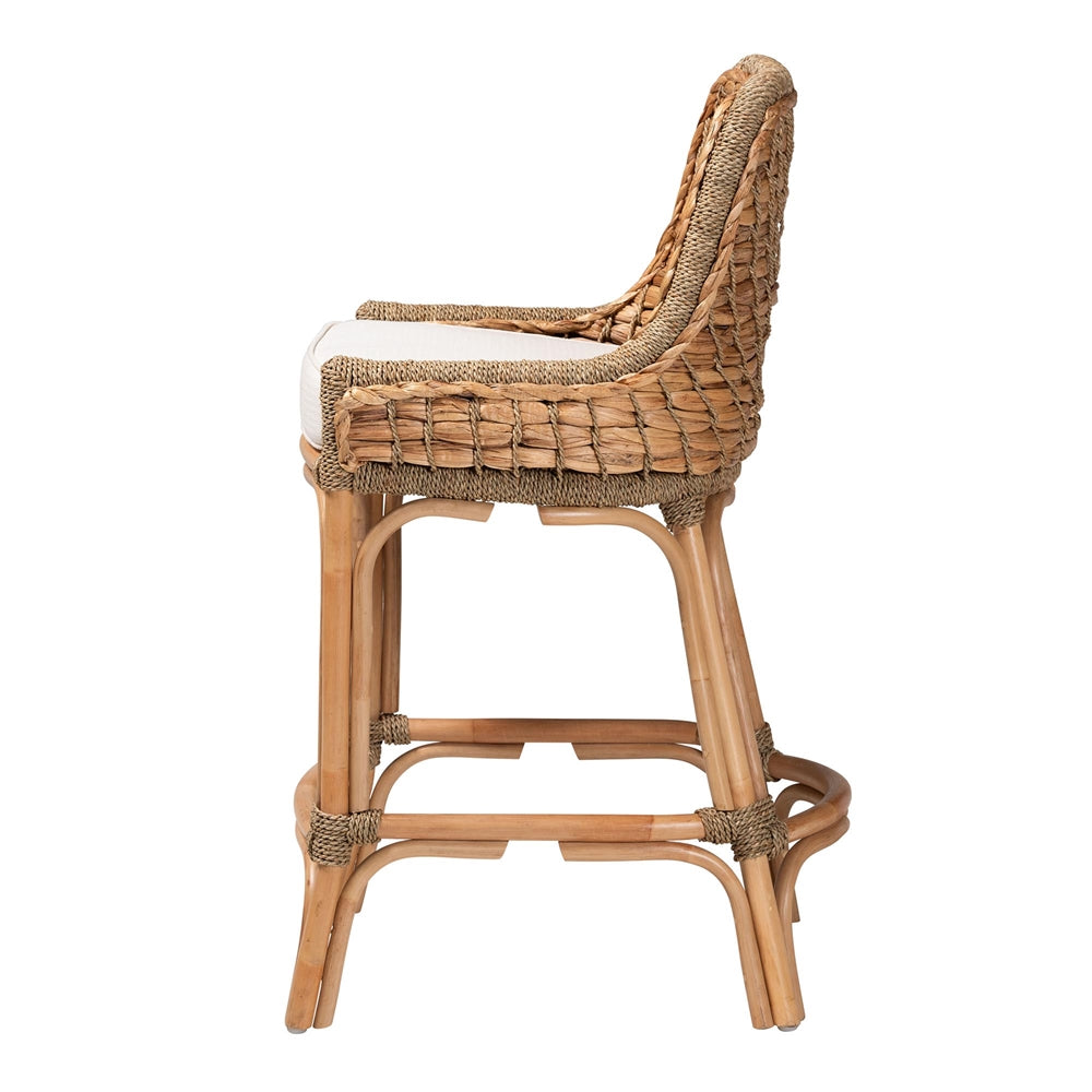 Kyle Modern Bohemian Natural Brown Woven Rattan Counter Stool with Cushion
