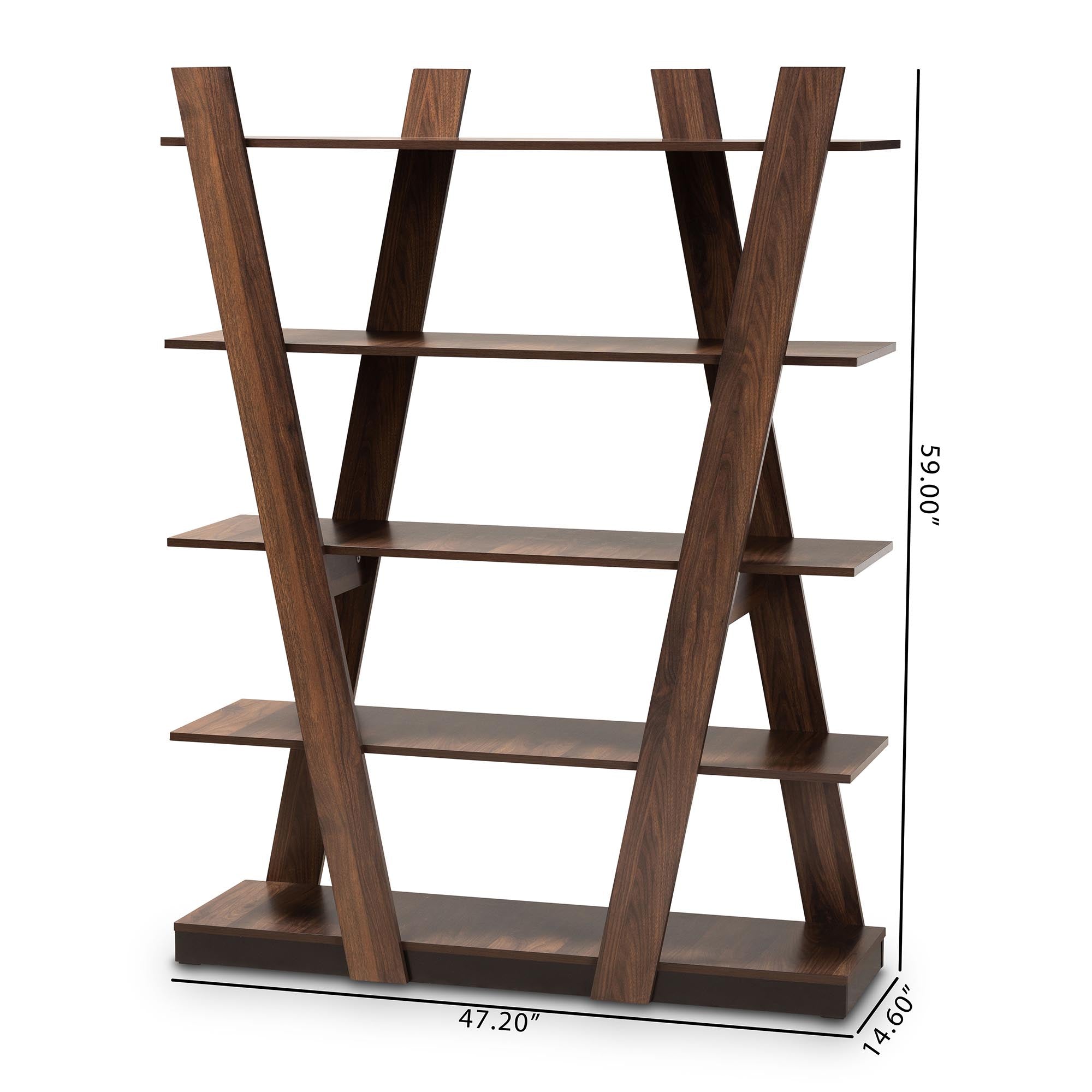 Michio Modern and Contemporary Walnut Brown Finished 5-Tier Wood Geometric Living Room Display Shelf