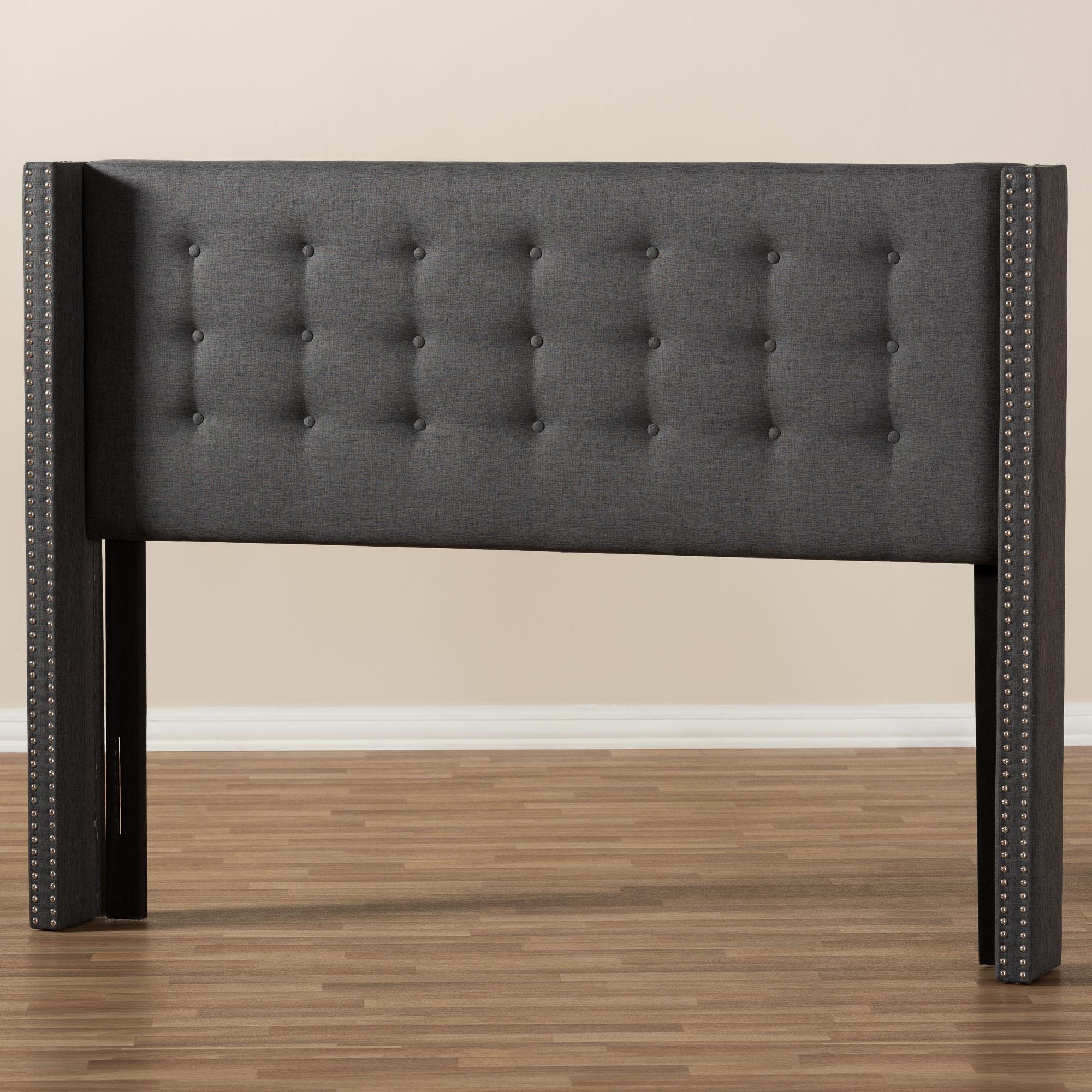 Ginaro Modern And Contemporary Dark Grey Fabric Button-Tufted Nail head King Size Winged Headboard