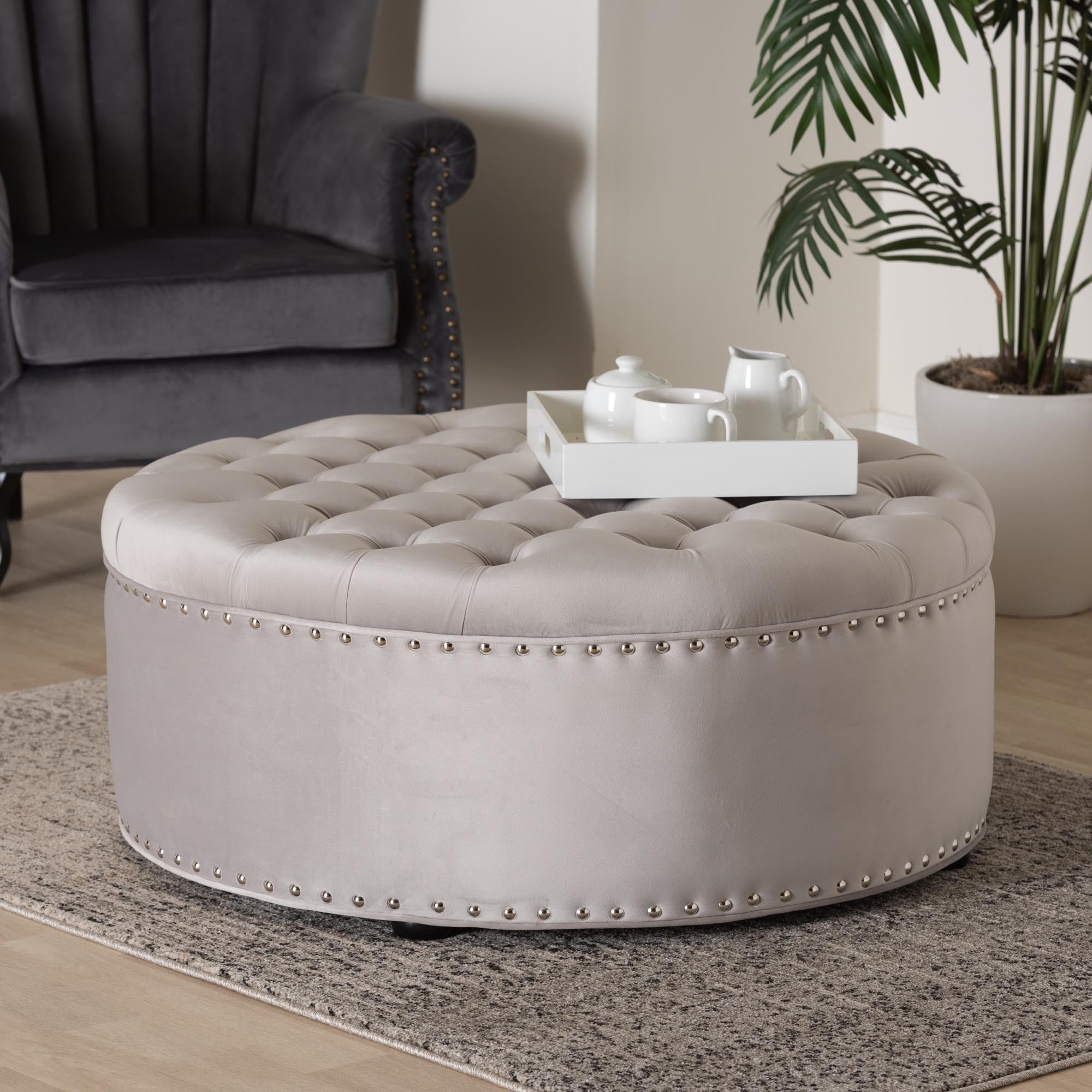 Iglehart Modern and Contemporary Light Gray Velvet Fabric Upholstered Tufted Cocktail Ottoman