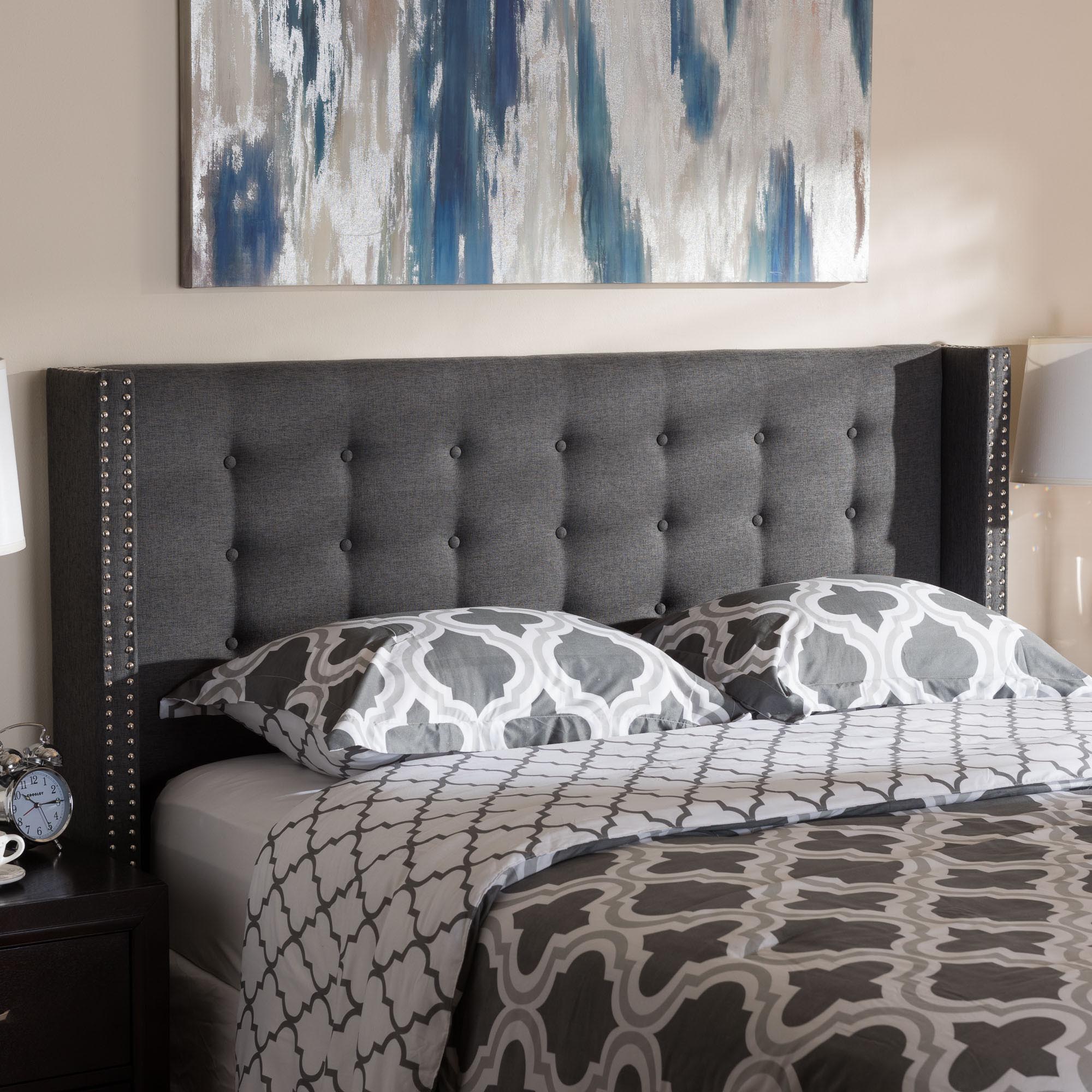 Ginaro Modern And Contemporary Dark Grey Fabric Button-Tufted Nail head King Size Winged Headboard
