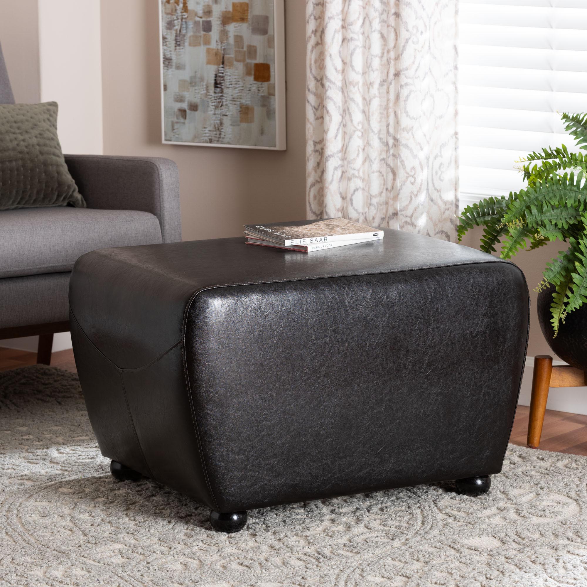 Dark Brown Full Leather Ottoman with Rounded Sides