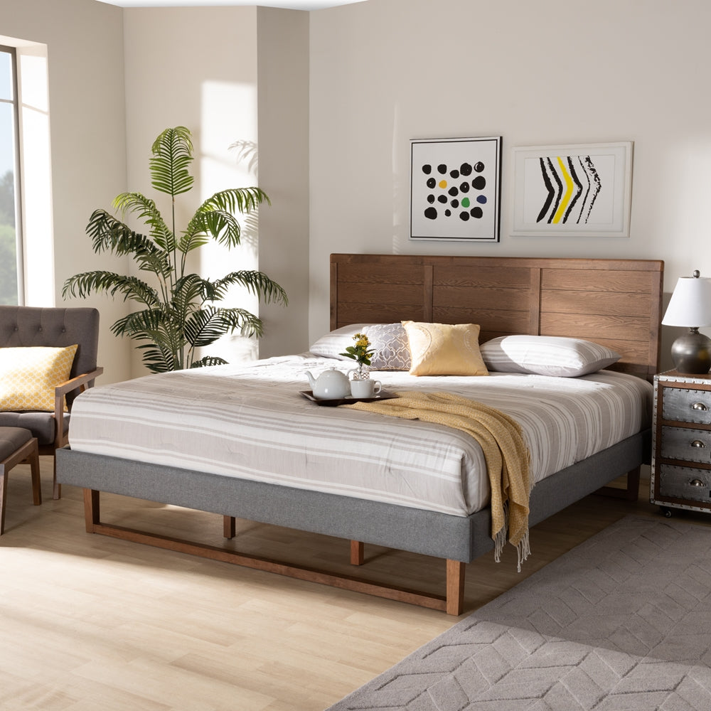 Gabriela Dark Grey Fabric and Ash Walnut Brown Finish Wood King Size Bed