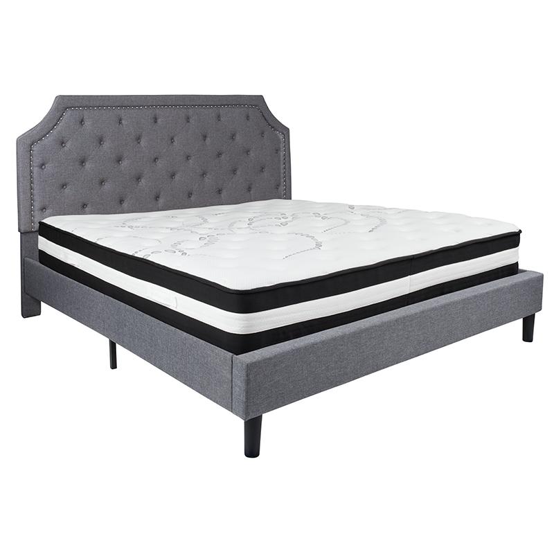King Size Platform Bed in Light Grey Fabric with Pocket Spring Mattress