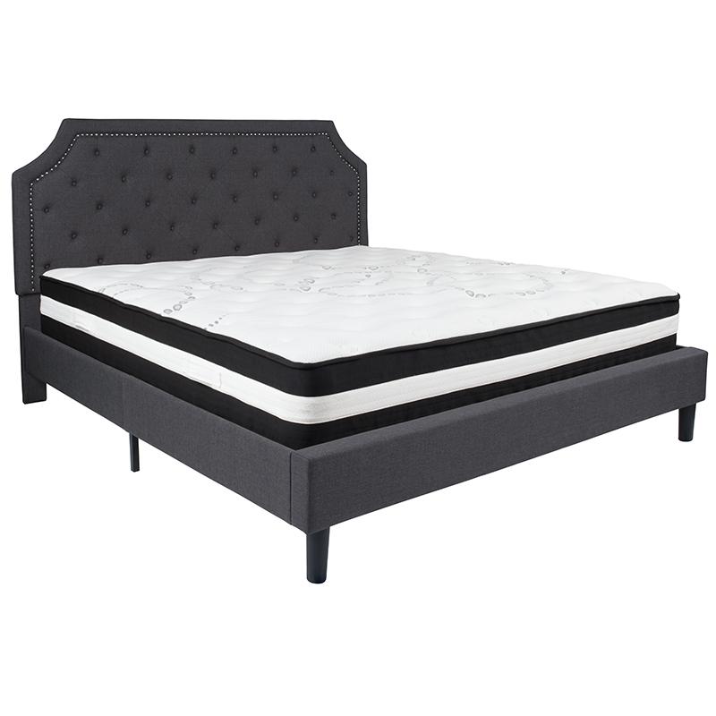 King Size Platform Bed in Light Grey Fabric with Pocket Spring Mattress