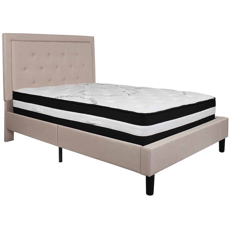 Hesse Burlington Full Beige Fabric Upholstered Bed with Mattress – Tufted Headboard & Pocket Spring Support