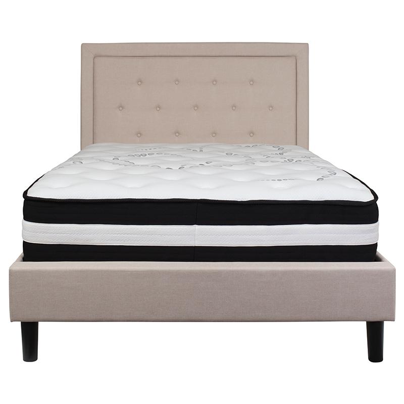 Hesse Burlington Full Beige Fabric Upholstered Bed with Mattress – Tufted Headboard & Pocket Spring Support