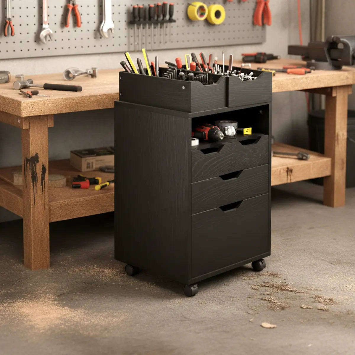 Norfolk 4 Bins, 2 Drawer Mobile Cabinet, Black Finish