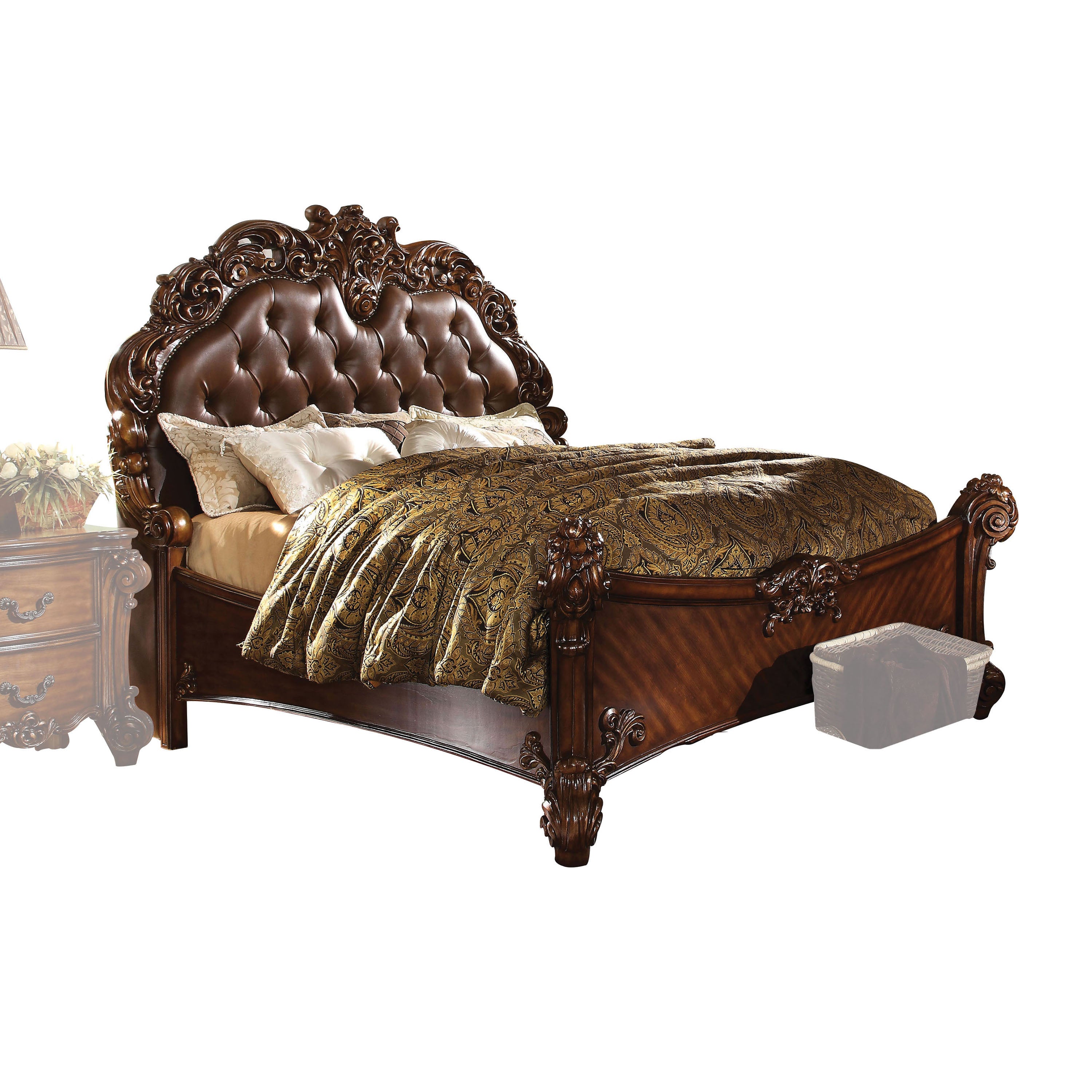 Krishana Vendome Collection Cal King Bed – Cherry Leather, Ornate Carving