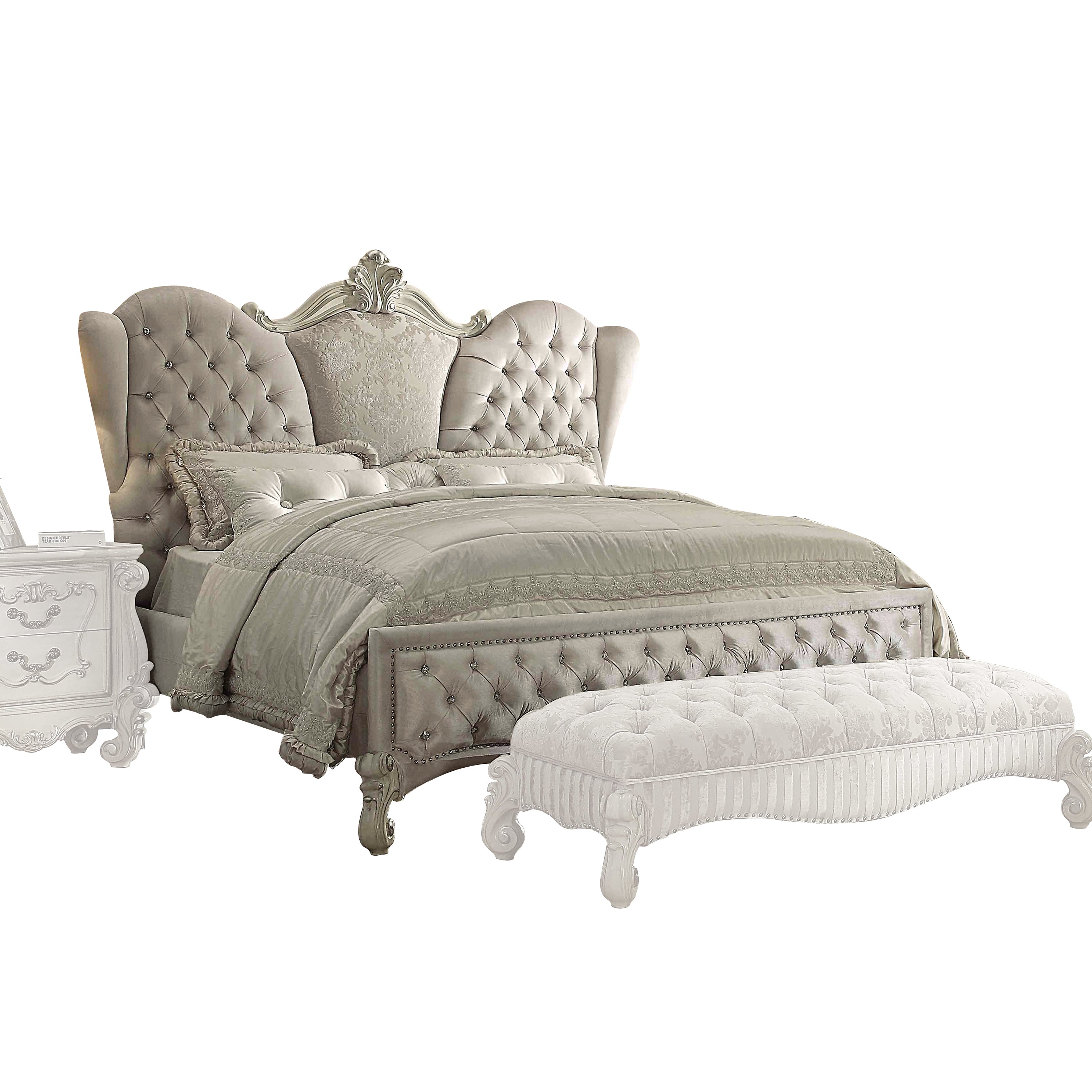 Marin Versailles Collection Eastern King Bed in Antique White – Ornate Wood Frame & Upholstered Headboard
