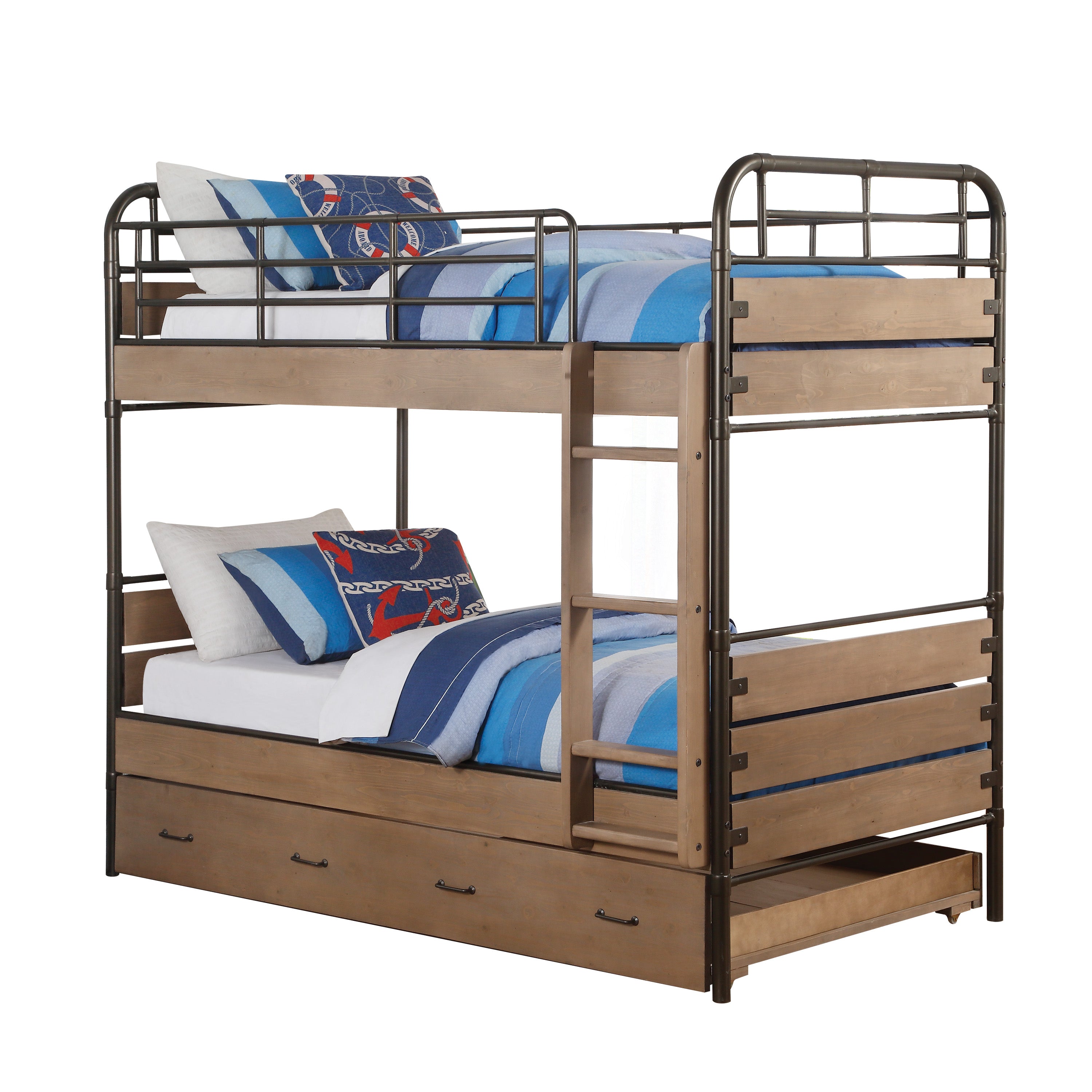Simone Twin Over Twin Antique Oak Gunmetal Metal Bunk Bed – Industrial Style with Trundle & Built-in Ladder