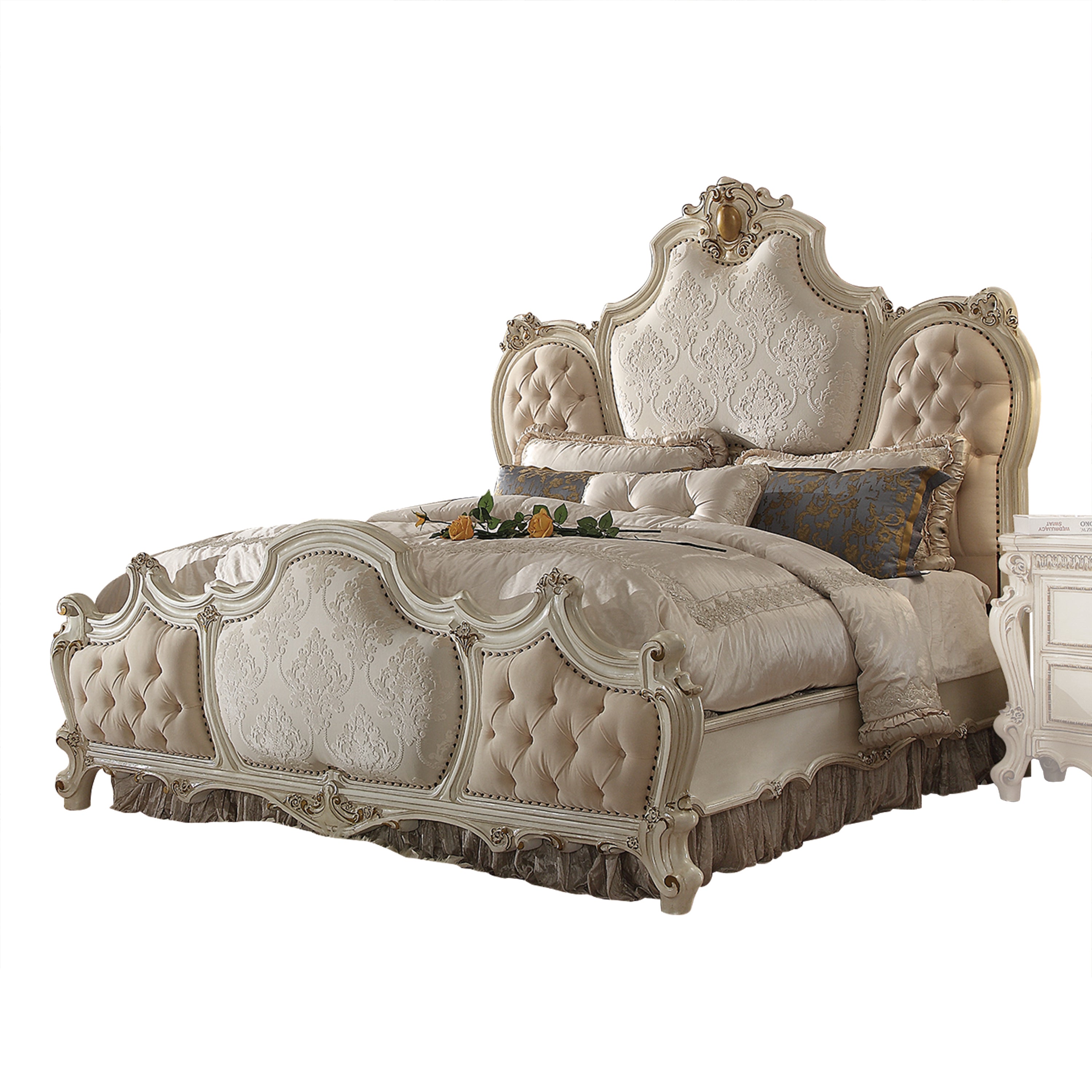 Viggo Picardy Queen Antique Pearl Fabric Panel Bed – Traditional European Design with Detailed Wood Carvings