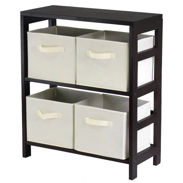 Capri 5-Pc Storage2- Shelf with 4 Foldable Beige Fabric Baskets, Espresso and Beige
