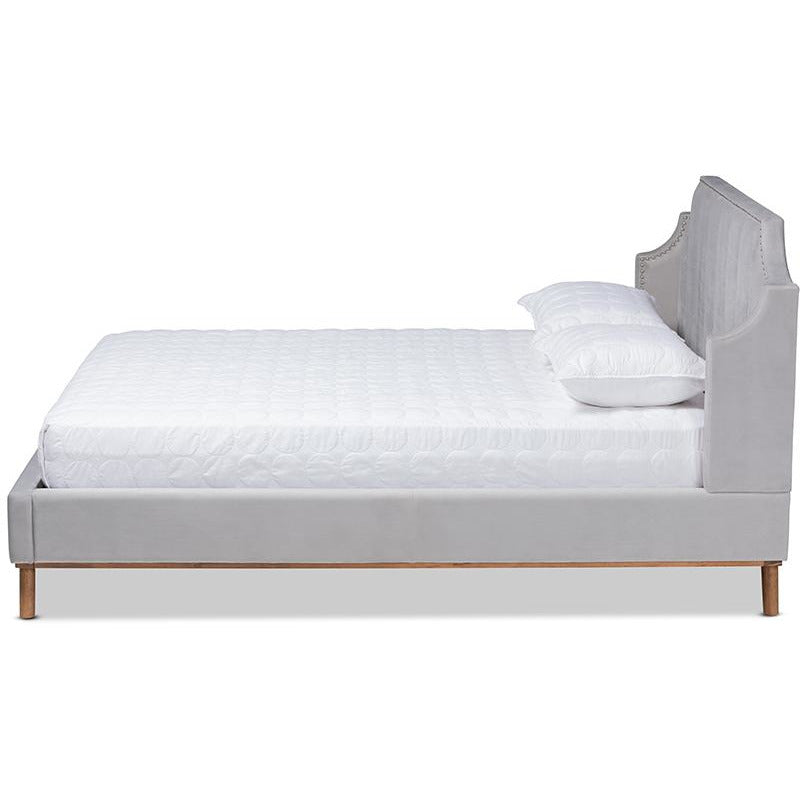 Aphra Adelie King Light Grey Velvet Wingback Bed – Glam Style with Walnut Wood Frame