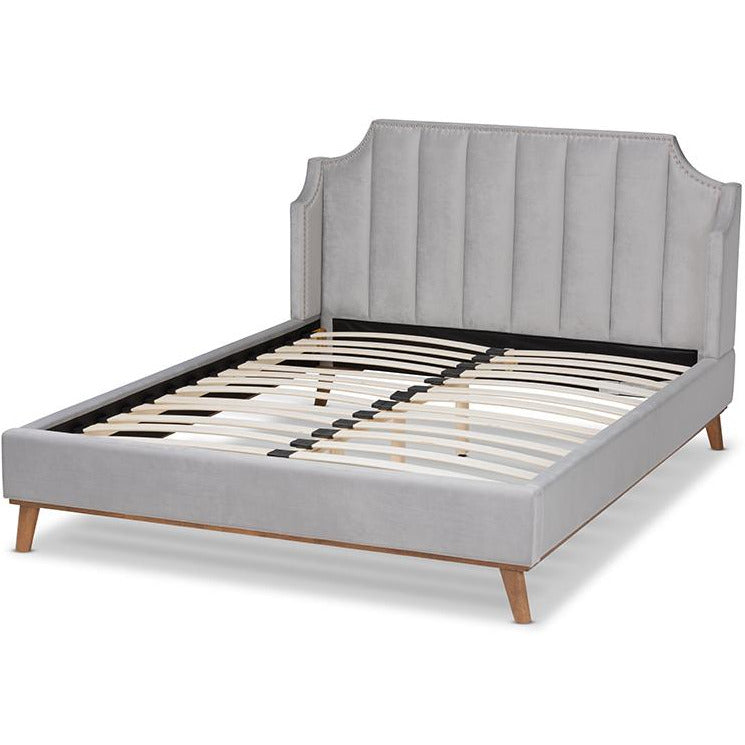 Aphra Adelie King Light Grey Velvet Wingback Bed – Glam Style with Walnut Wood Frame