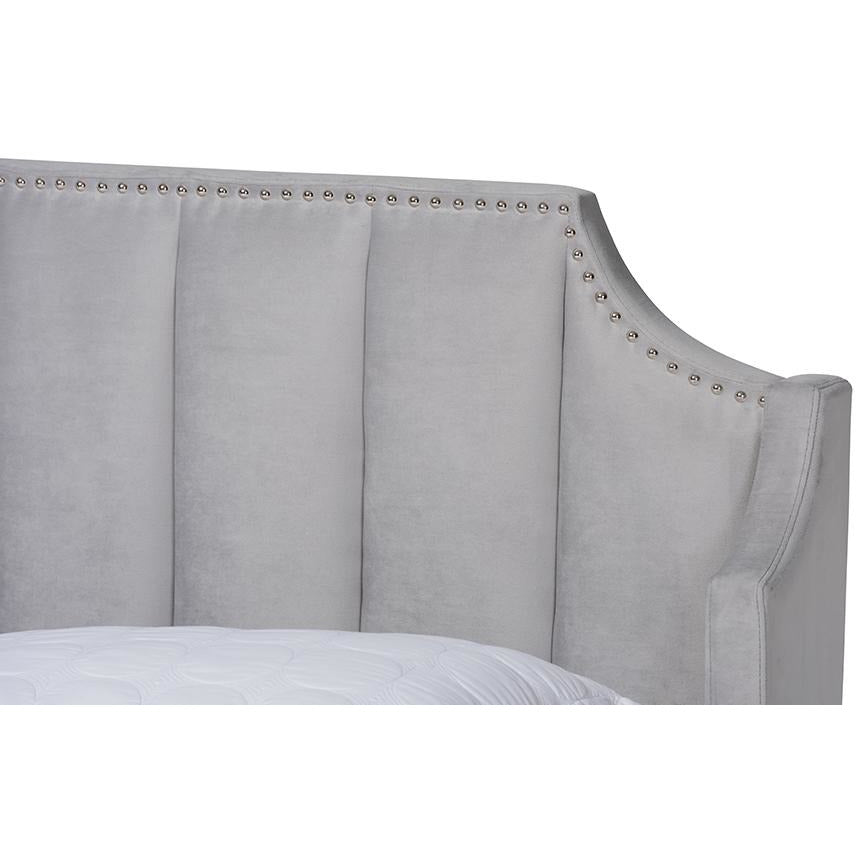 Aphra Adelie King Light Grey Velvet Wingback Bed – Glam Style with Walnut Wood Frame