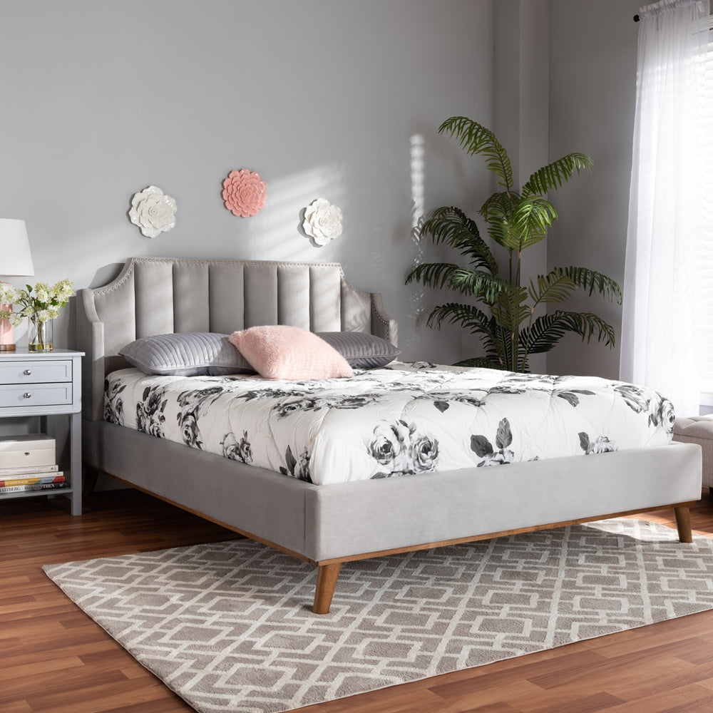 Aphra Adelie King Light Grey Velvet Wingback Bed – Glam Style with Walnut Wood Frame
