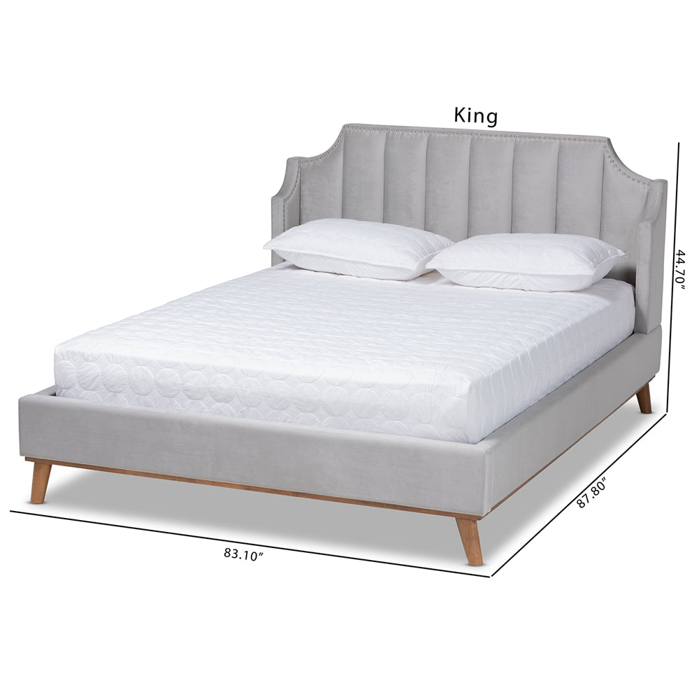 Aphra Adelie King Light Grey Velvet Wingback Bed – Glam Style with Walnut Wood Frame