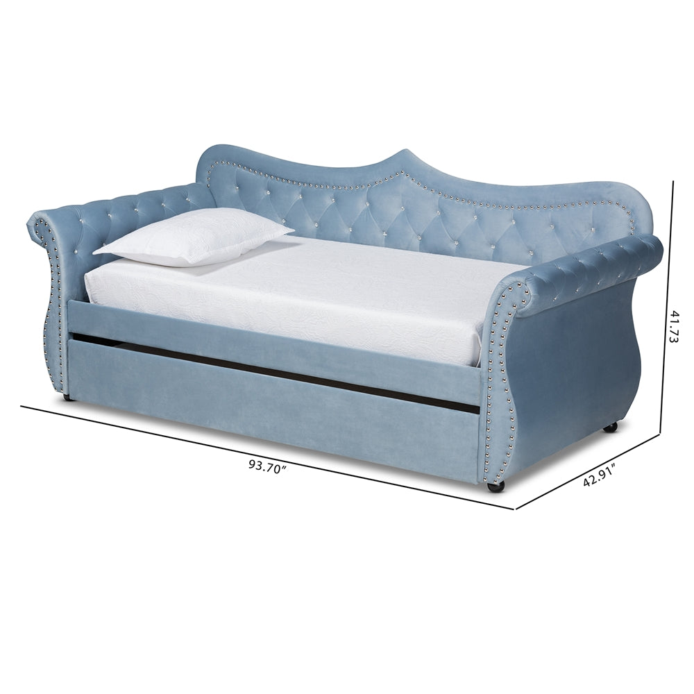 Ellie Abbie Collection Twin Light Blue Velvet Daybed – Tufted Glam Style with Pull-Out Trundle