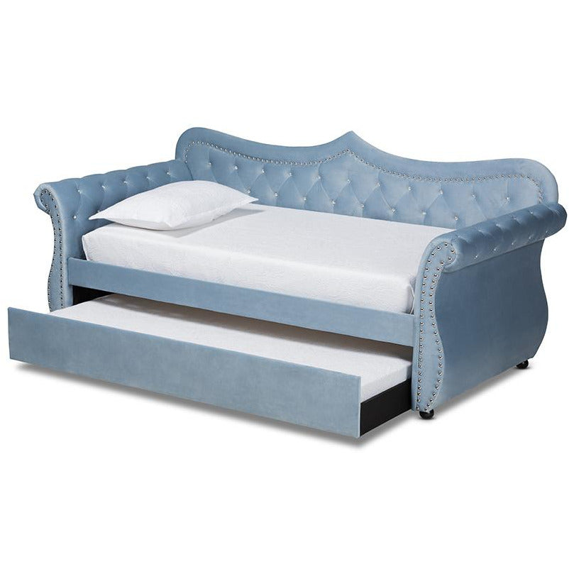 Ellie Abbie Collection Twin Light Blue Velvet Daybed – Tufted Glam Style with Pull-Out Trundle