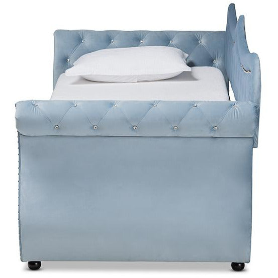 Ellie Abbie Collection Twin Light Blue Velvet Daybed – Tufted Glam Style with Pull-Out Trundle