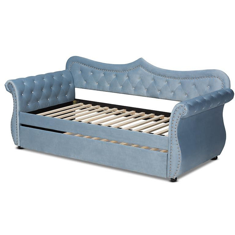Ellie Abbie Collection Twin Light Blue Velvet Daybed – Tufted Glam Style with Pull-Out Trundle