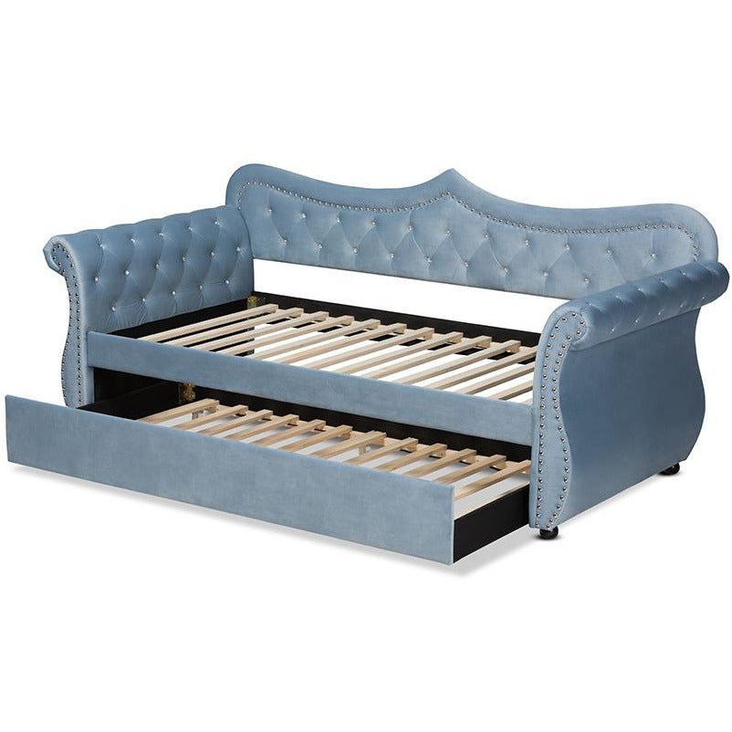 Ellie Abbie Collection Twin Light Blue Velvet Daybed – Tufted Glam Style with Pull-Out Trundle