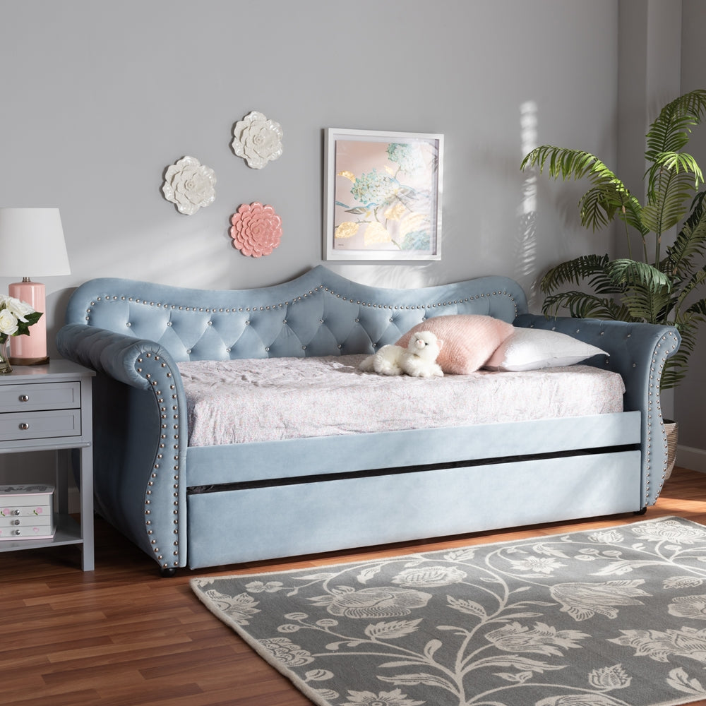 Ellie Abbie Collection Twin Light Blue Velvet Daybed – Tufted Glam Style with Pull-Out Trundle