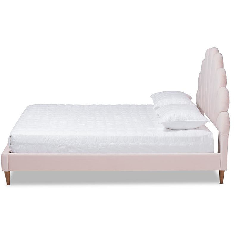 Odille Glam Light Pink Velvet Walnut Brown Wood Queen Size Platform Bed