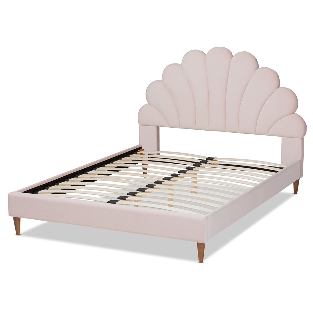 Odille Glam Light Pink Velvet Walnut Brown Wood Queen Size Platform Bed
